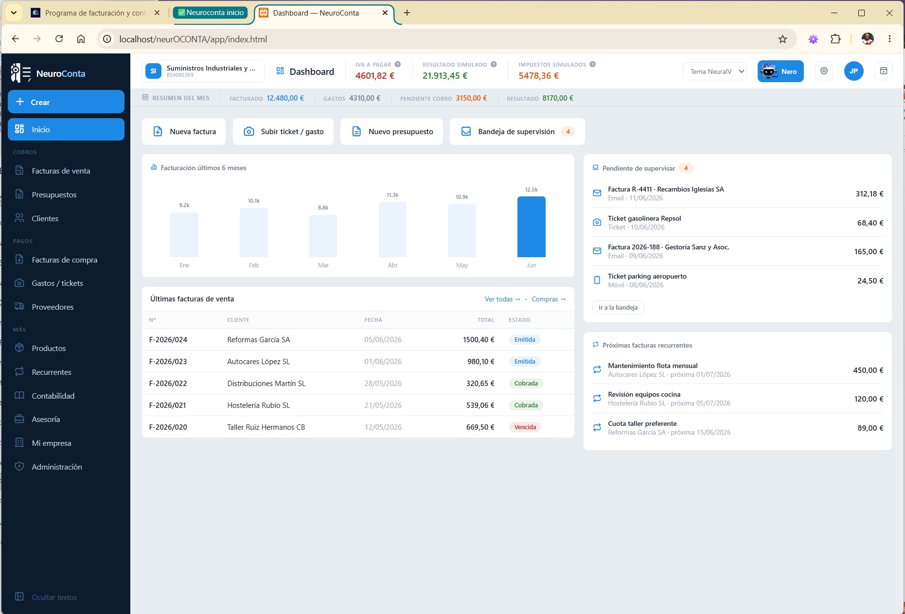 Dashboard del programa de facturación y contabilidad NeuroConta en la app web